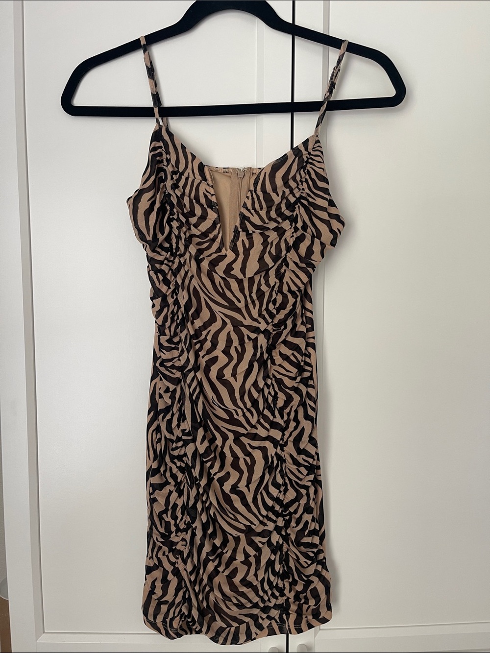 Beige & Black Zebra Print Spaghetti Strap Mini Dress